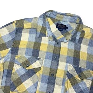 Pendleton Flannel Button Down Womens L Yellow Blue Plaid Excellent Elbow Patches